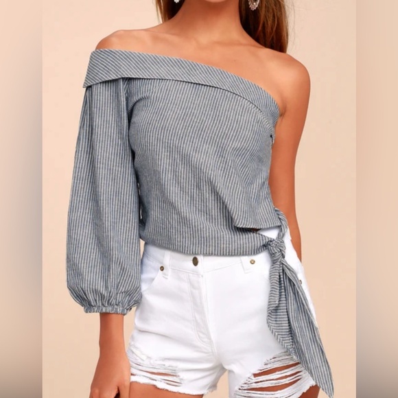 Free People Tops - Free People Get Down Blue Striped One Shoulder Crop Top